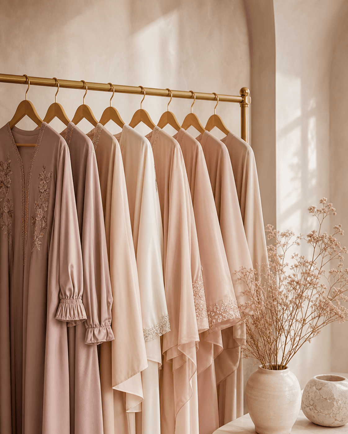 Curated modest dresses displayed in the Moosiva boutique style
